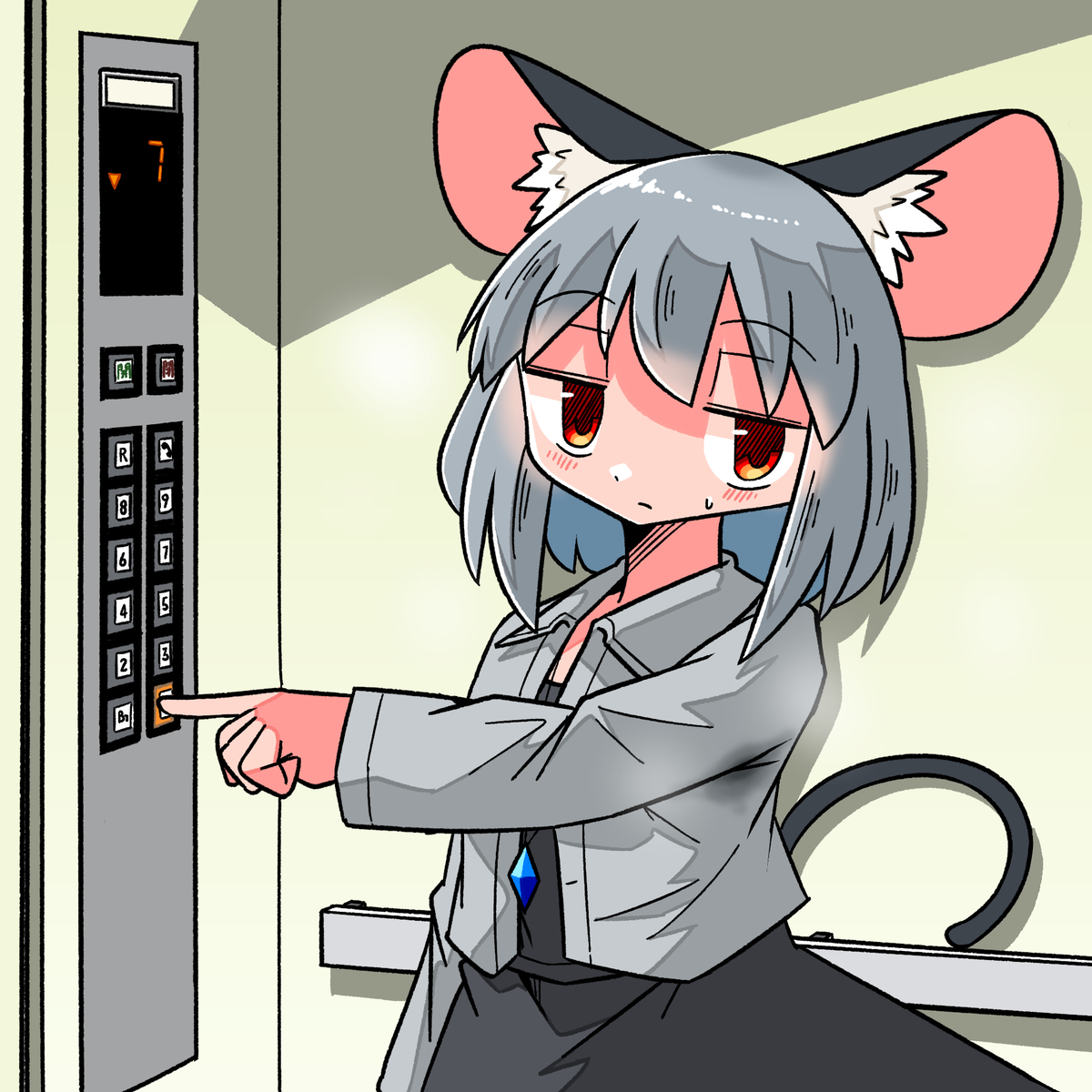 Nazrin in a gray jacket over her regular clothes, pressing an elevator button while standing in said elevator