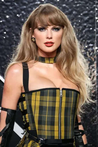 Taylor Swift, at the VMAs, in a plaid dress with a black skirt and black leather boots