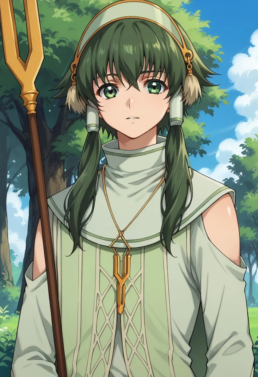 A boy with green hair styled in two sidelocks, adorned with green and gold hair accessories. He has green eyes and a neutral expression. He is dressed in a high-collared, pastel green robe with intricate patterns on the chest. A long, golden necklace with a pendant hangs around his neck. He holds a tall, ornate staff with a forked golden tip in his right hand. The background showcases a green forest with tall trees and a clear blue sky dotted with white clouds.