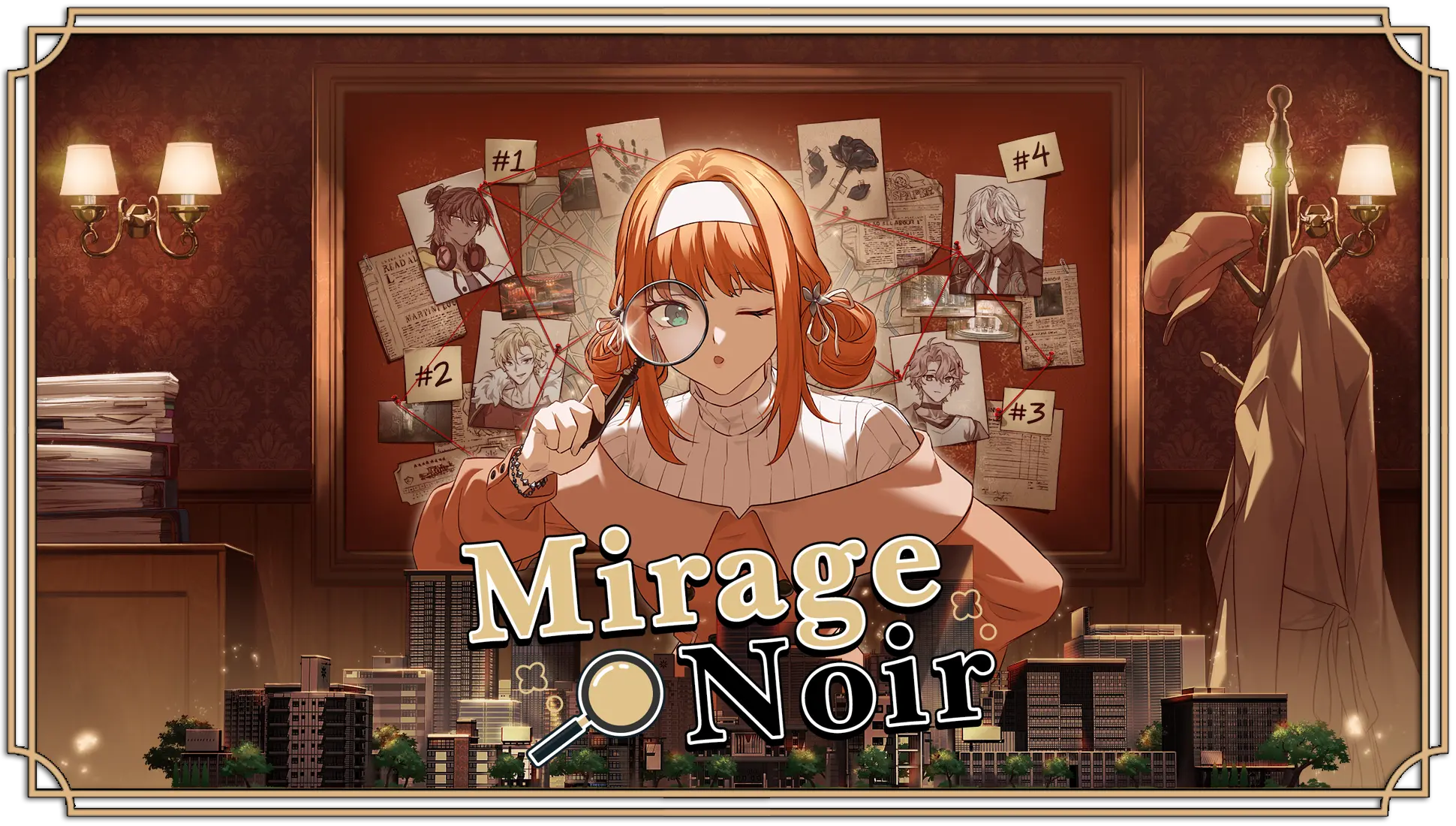 Mirage Noir Key Visual showing the female protagonist, Yunie, in front of a pinboard covered with pictures of the maincast and red string. She is posing with a magnifying glass.