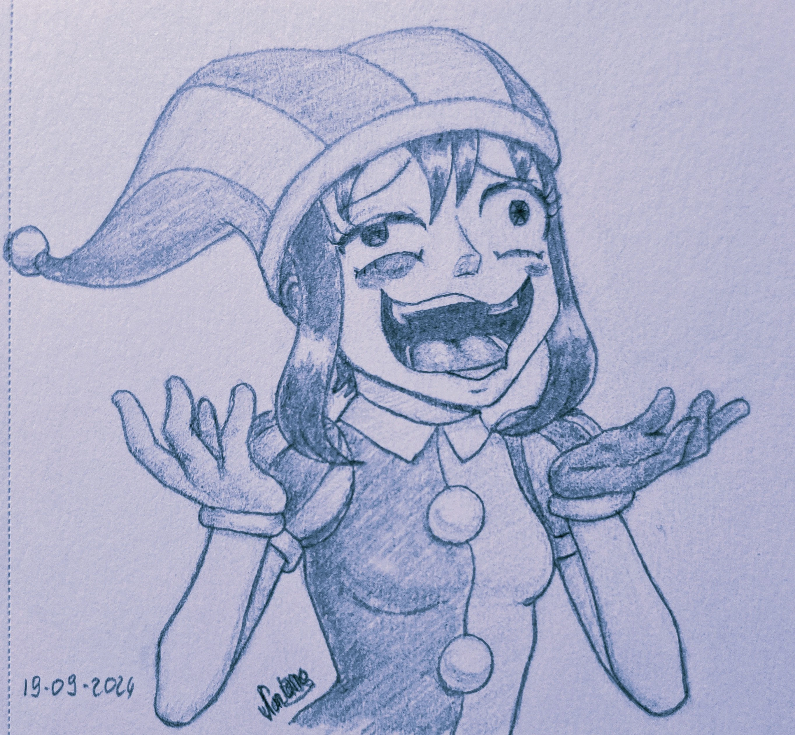 Pencil drawing of Pomni with a human face laughing madly as she has (another) mental breakdown