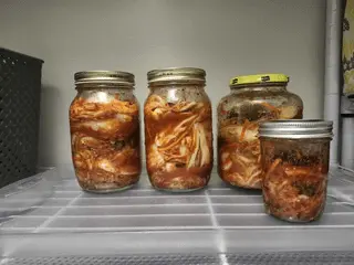 Batch I made a few days ago, all from one head of cabbage (except the smallest jar, which is daikon)