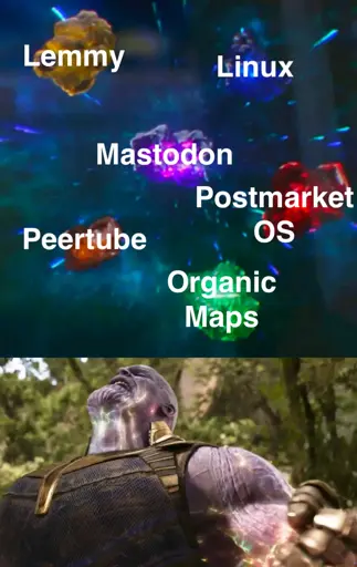 6 gems with each having their own caption that says "Lemmy" "Linux" "Peertube" "Mastodon" "Postmarket OS" "Organic Maps" Then it shows Thanos being empowered by them