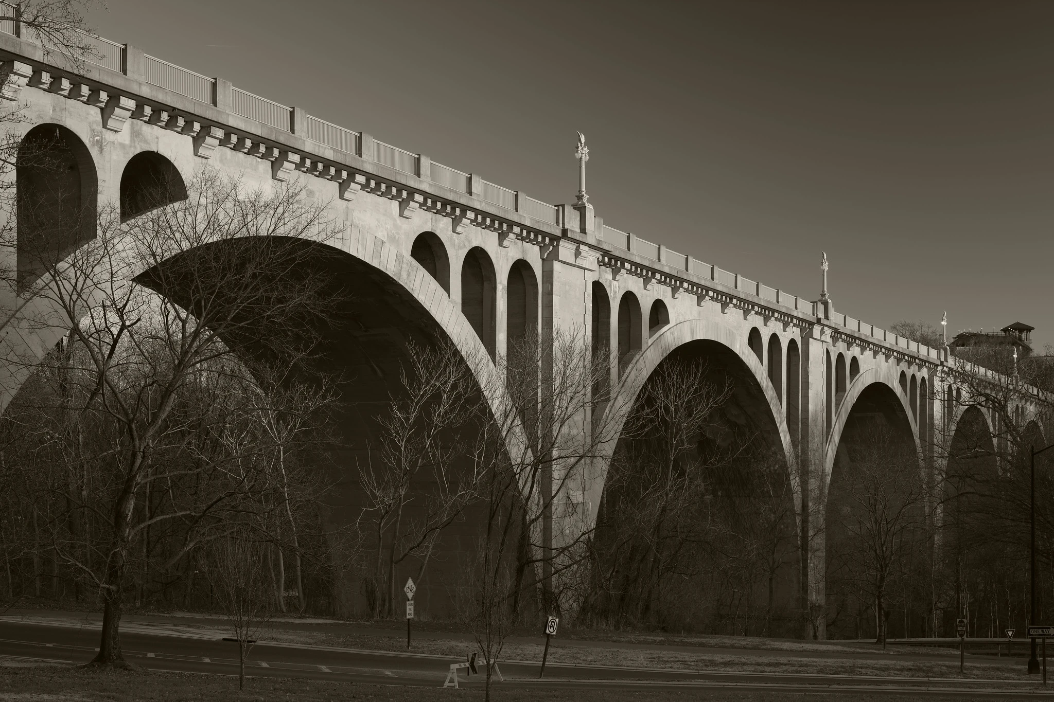 A large arched concrete bridge over a park, during daylight.