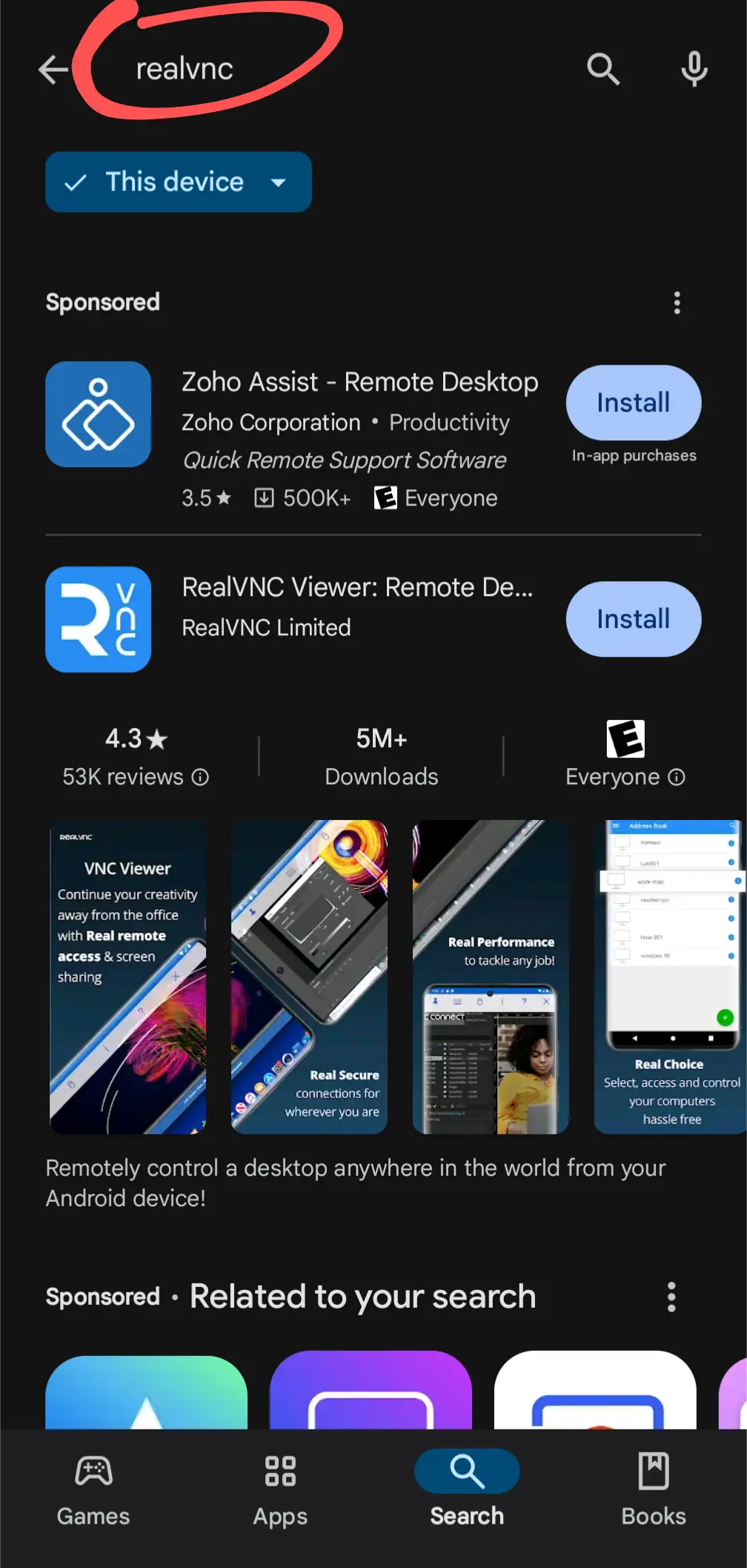 a screenshot of a search for realvnc on the Google Play Store, showing an ad above the real result