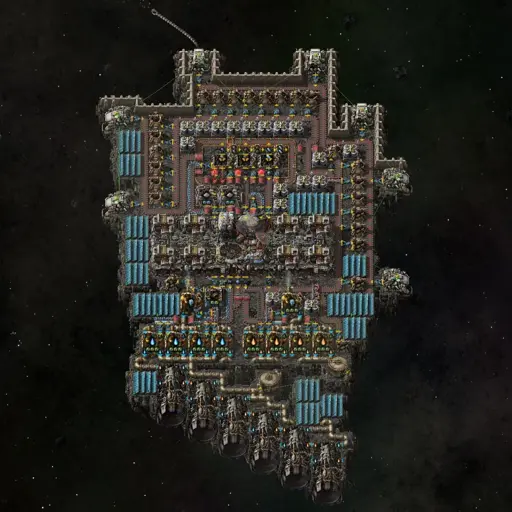 Factorio space platform using a mix of parts in an asymmetrical design involving a significant amount of spaghetti.