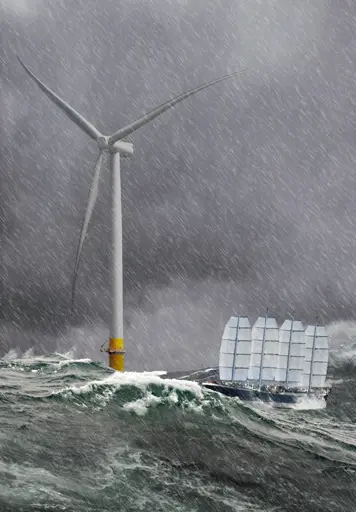 The image shows a steel-hulled four-masted barque (sailing ship) with dynarig sails trying to escape a storm perilously close to an offshore windmill. The sky and ocean are moslty grey, waves are heaving as high as the ship, and a driving rain fills the sky.