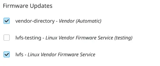 "Firmware Updates" section in KDE Discover: vendor-directory and lvfs boxes are checked