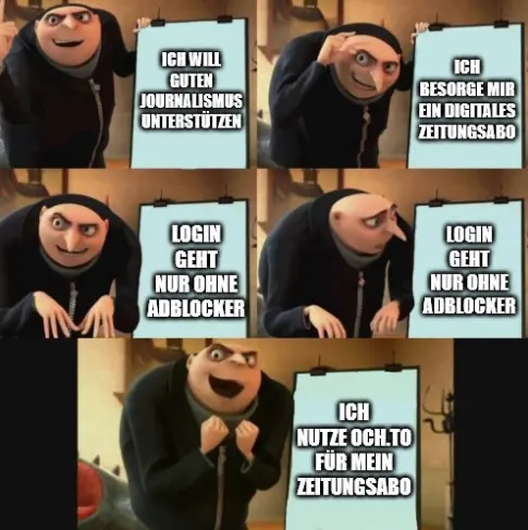 gru meme über die tatsache, dass man sich auf einigen news-websites trotz bestehendem abo nur ohne adblocker einloggen kann