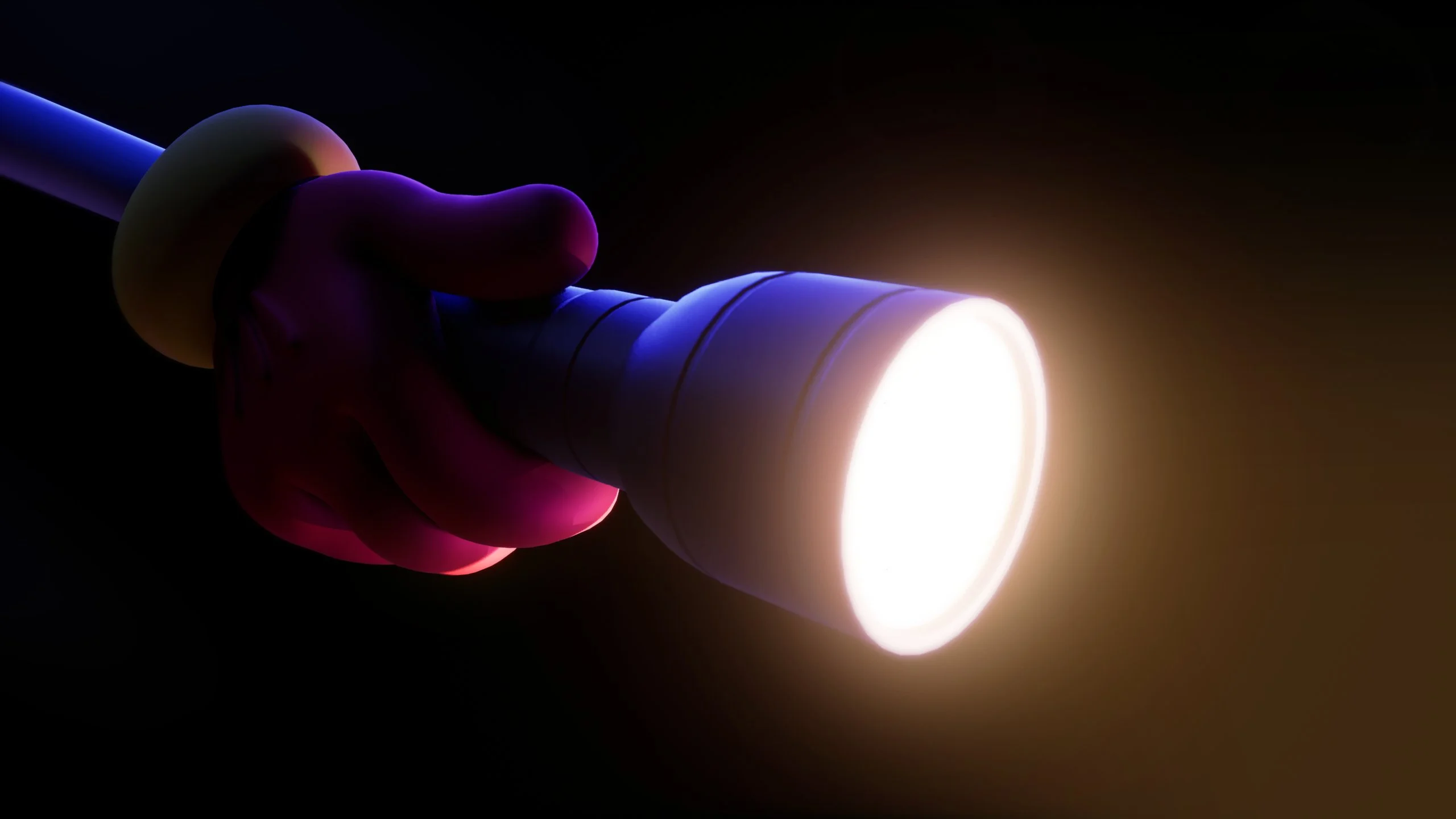 A dark closeup of Pomni's hand holding a flashlight. No other details are visible with a totally black background