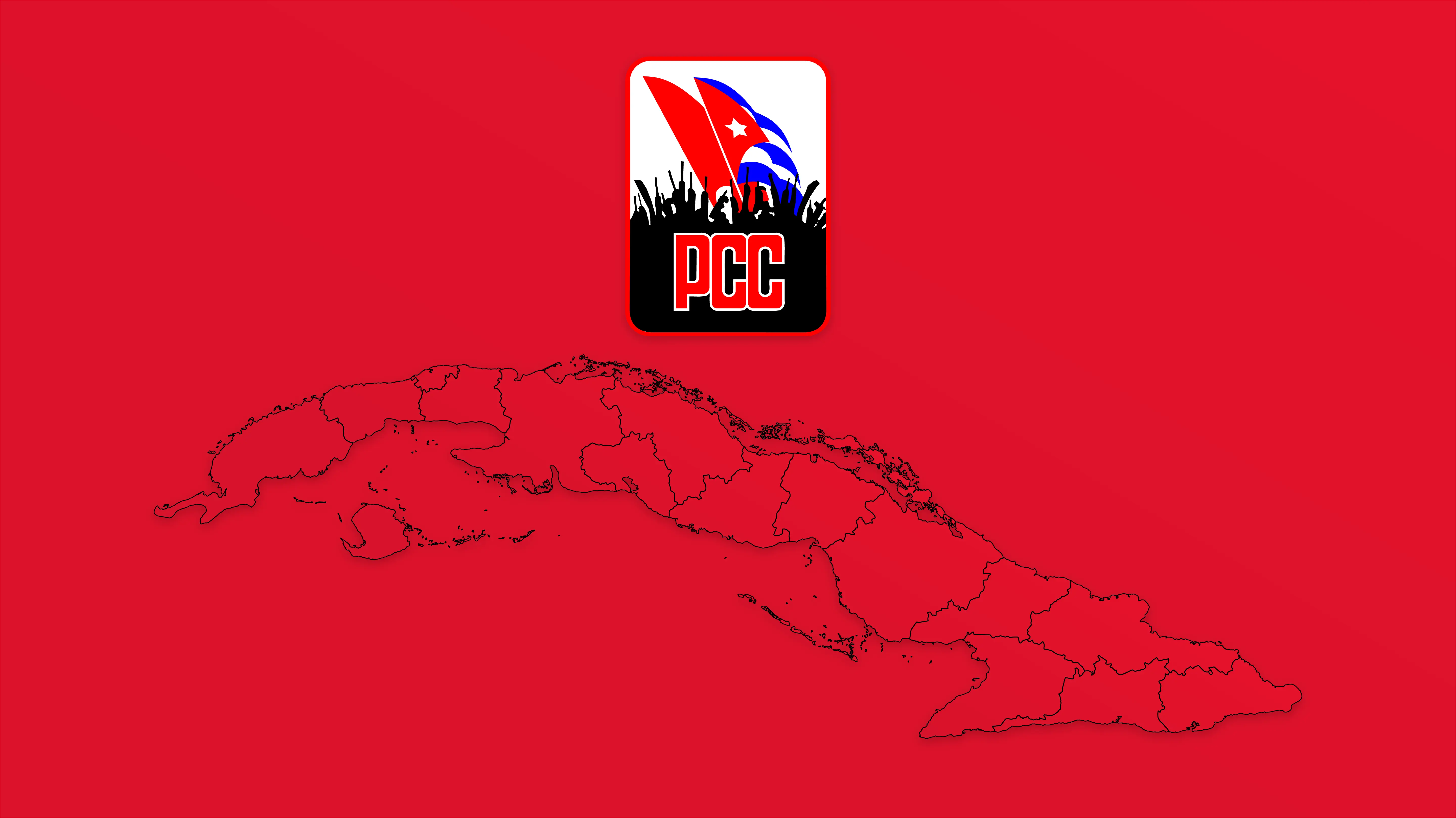 a wallpaper of a political map of cuba on a red background with the logo of the cuban communist party above it.