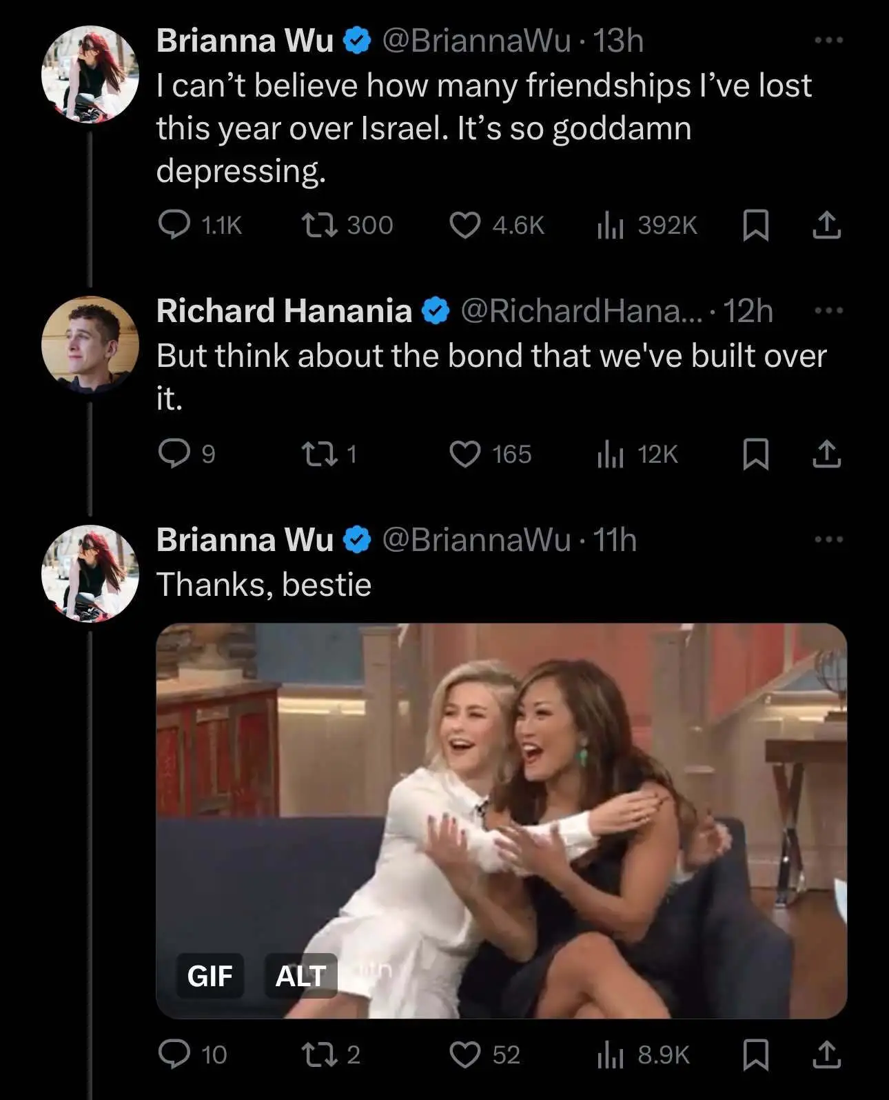 Brianna Wu cries about losing friends over her support for genocide. "Race Realist" Richard Hanania rushes to her side and mentions the bond they have built in common defense of Israel. She calls him bestie. Hanania has written openly racist think pieces advocating for Eugenics and makes no secret about admiring Jeffrey Epstein. Wu wondered why people would call him a nazi.