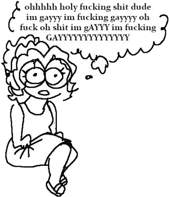 cartoon outline drawing of woman sitting with legs crossed with death grip on thigh wrinkling dress using profanity to emphasize the depth of homosexuality 