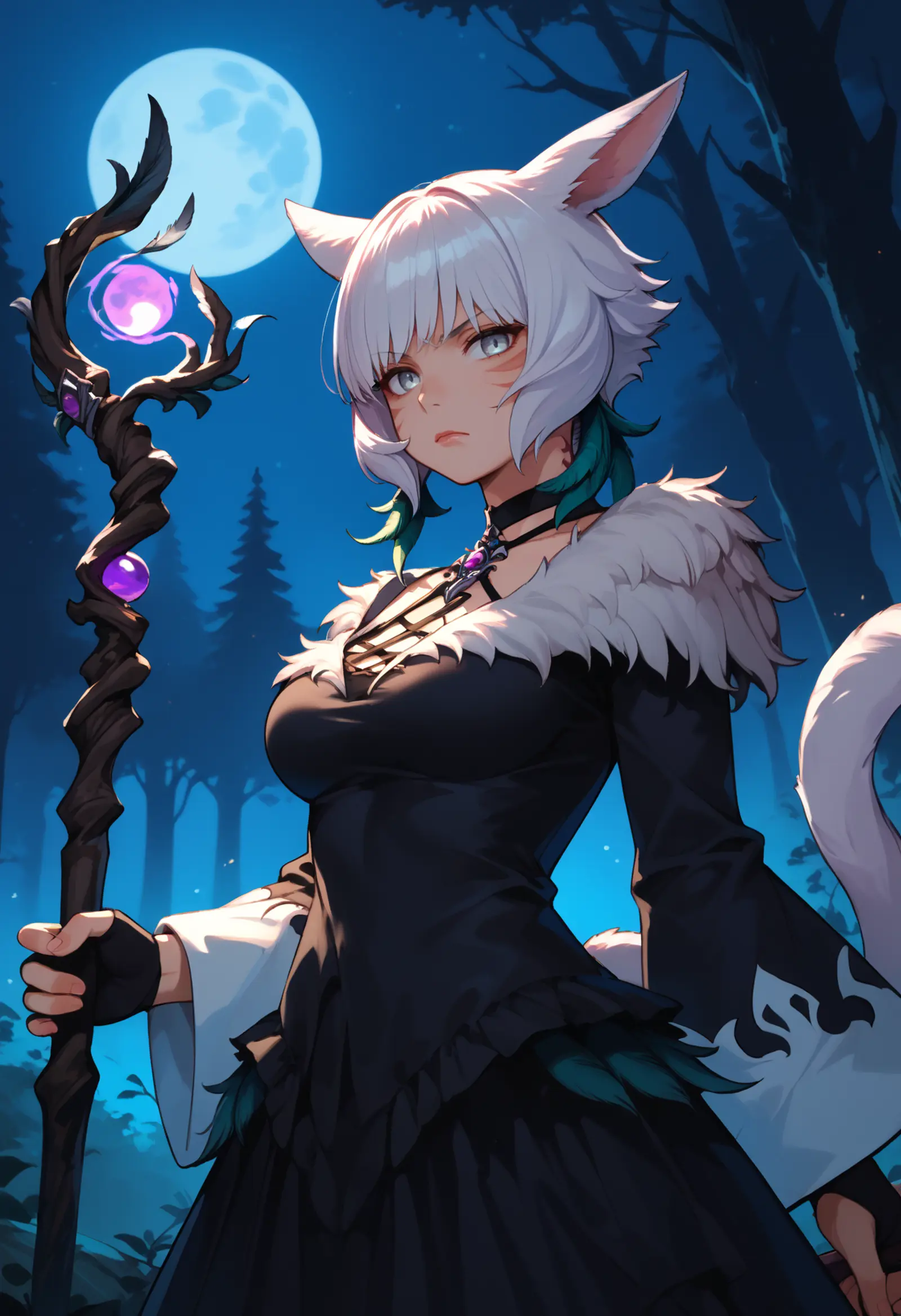 A woman with cat-like features standing in a moonlit forest. She is holding an ornate staff, topped with a glowing purple orb and adorned with smaller gems of the same color. Dressed in a dark, feathered outfit, she exudes an air of mystique. The full moon casts a soft glow on the forest and the character. 