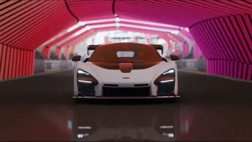 A screenshot of a white McLaren Senna driving under a glowing neon arch. The lights of the car reflect on the wet tarmac surface.