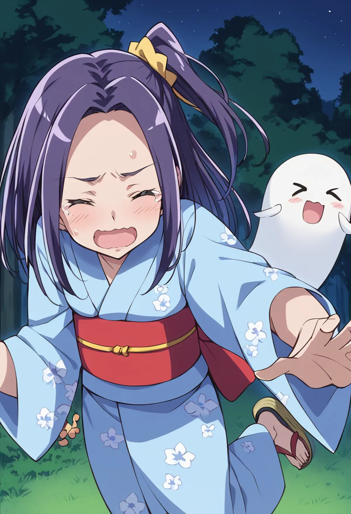 A girl with purple hair and blue floral kimono, screaming with tears welling up in her eyes. She is fleeing a small, white ghost with black eyes and an open mouth that appears to be playfully chasing or surprising the character. The setting is outdoors at night under a star-filled sky with dense foliage in the background. 