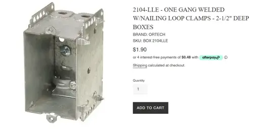 This is a picture of a single gang EMT box, which is the kind of electrical box that a light switch is mounted to. This one is $1.90 to purchase, and there is a stupid option to buy it on credit for "4 easy payments of $0.48"