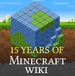 A screenshot of old Minecraft Wiki logo on grass and stone background. 
Below old logo there is yellow subtitle "15 YEARS OF" and white title "MINECRAFT WIKI".