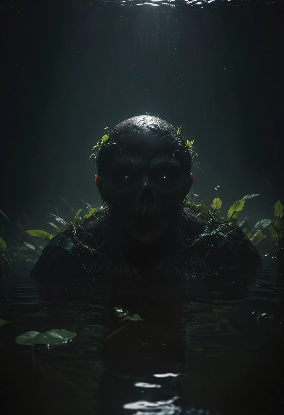 A creature with a head like a human skull partially submerged in dark water, with greenery growing off of its skin. It is facing directly towards the viewer, with two bright points of light reflecting from its sunken eyes. It is in a dark environment, with a single source of light shining down from above, casting deep shadows and creating a dramatic effect. There are small green plants and leaves floating on the water’s surface, adding to the eerie atmosphere of the scene. 