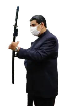 Nicolas Maduro holding a katana vertically by the sheath