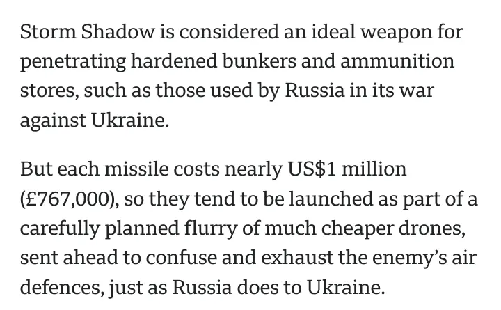 But each missile costs nearly US$1 million (£767,000), so they tend to be launched as part of a carefully planned flurry of much cheaper drones, sent ahead to confuse and exhaust the enemy’s air defences, just as Russia does to Ukraine.

They have been used with great effect, hitting Russia’s Black Sea naval headquarters at Sevastopol and making the whole of Crimea unsafe for the Russian navy.