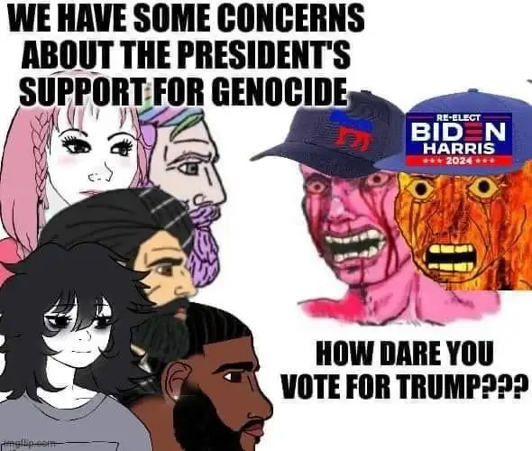 image macro using wojaks with a diverse group of ppl (in ethnicity and expression) on the left with the caption "We have some concerns about the presidents support for genocide"

On the right there are two ppl wearing Democrat and Biden Harris hats respectively. They are seething, with red faces and blood running down their eyes. The caption reads "How dare you vote for Trump???"