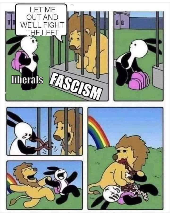 Meme showing that the facism unleashed by liberals to defeat the left will only end up eating the liberals