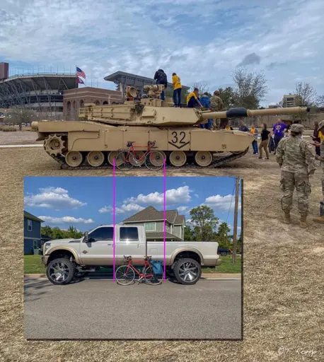 Size comparison showing that a pickup truck is roughly the same size as a US army tank.