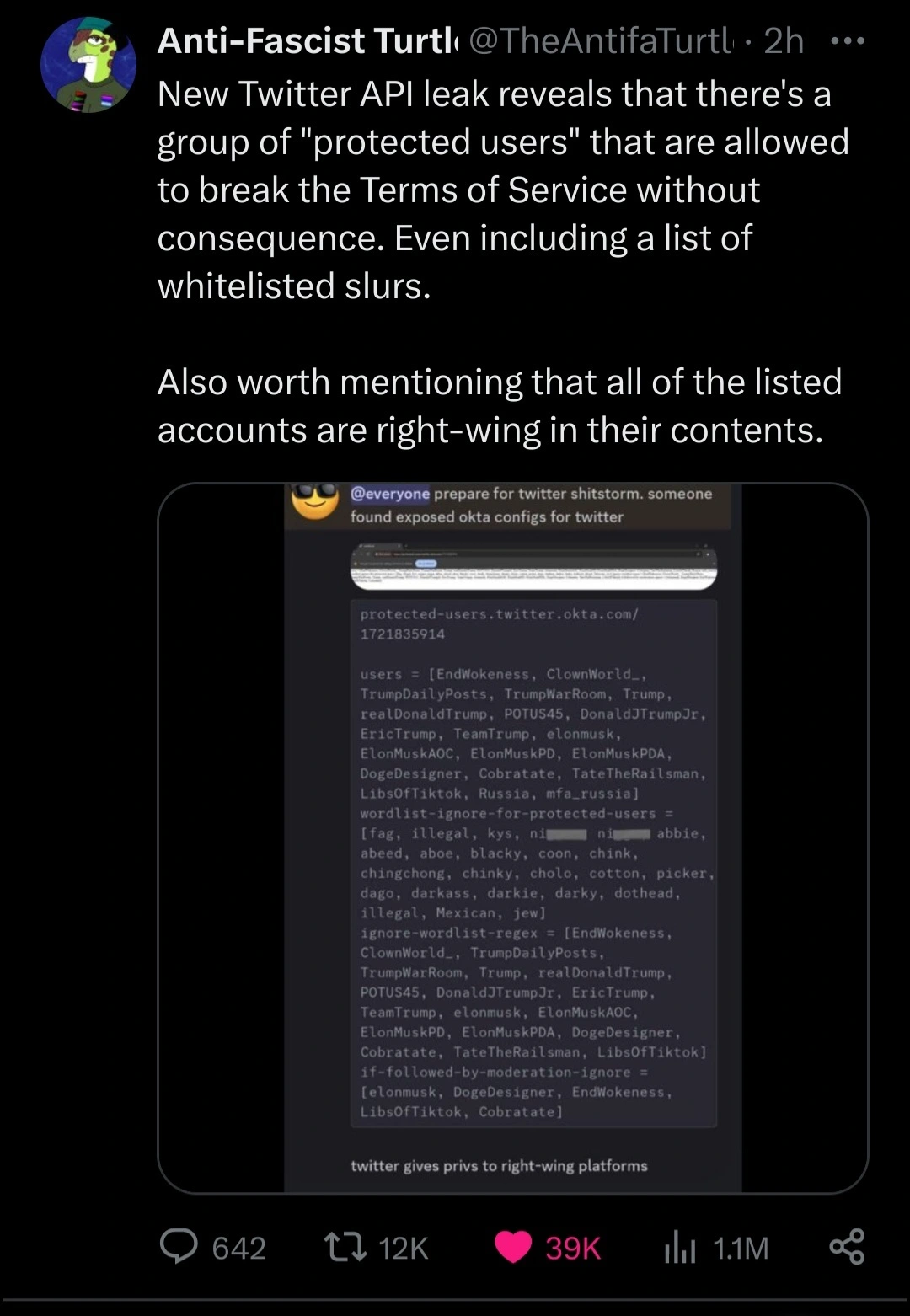 a twitter user named Anti-fascist turtle shares a screenshot of discord chats, revealing Twitter api leaks that indicate fash accounts are protected