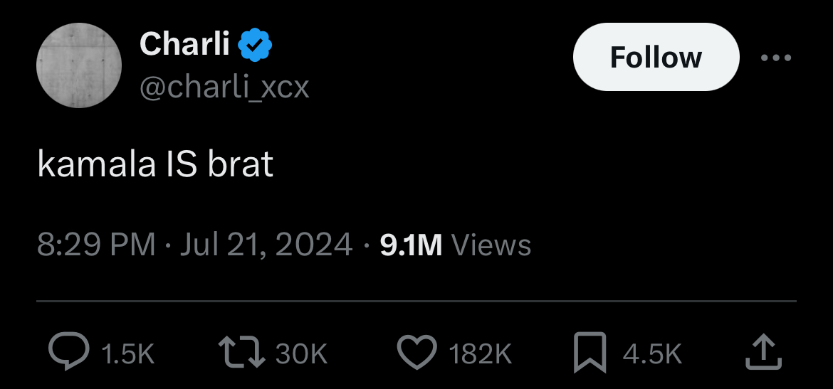 A tweet from charli xcx declaring that “Kamala IS brat”