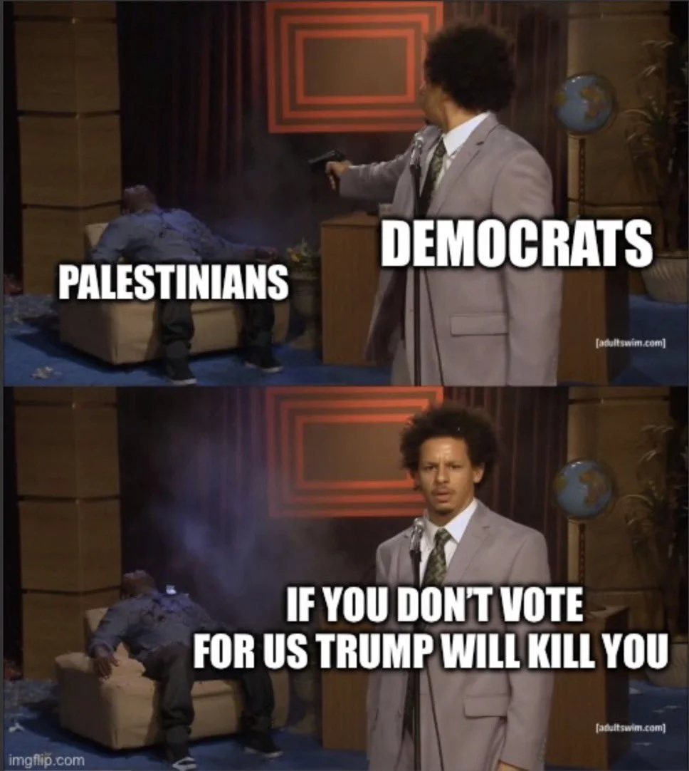 Democrats are killing Palestinians, Black people, LGBT, migrants, but if you don't vote for us, Trump will kill you.