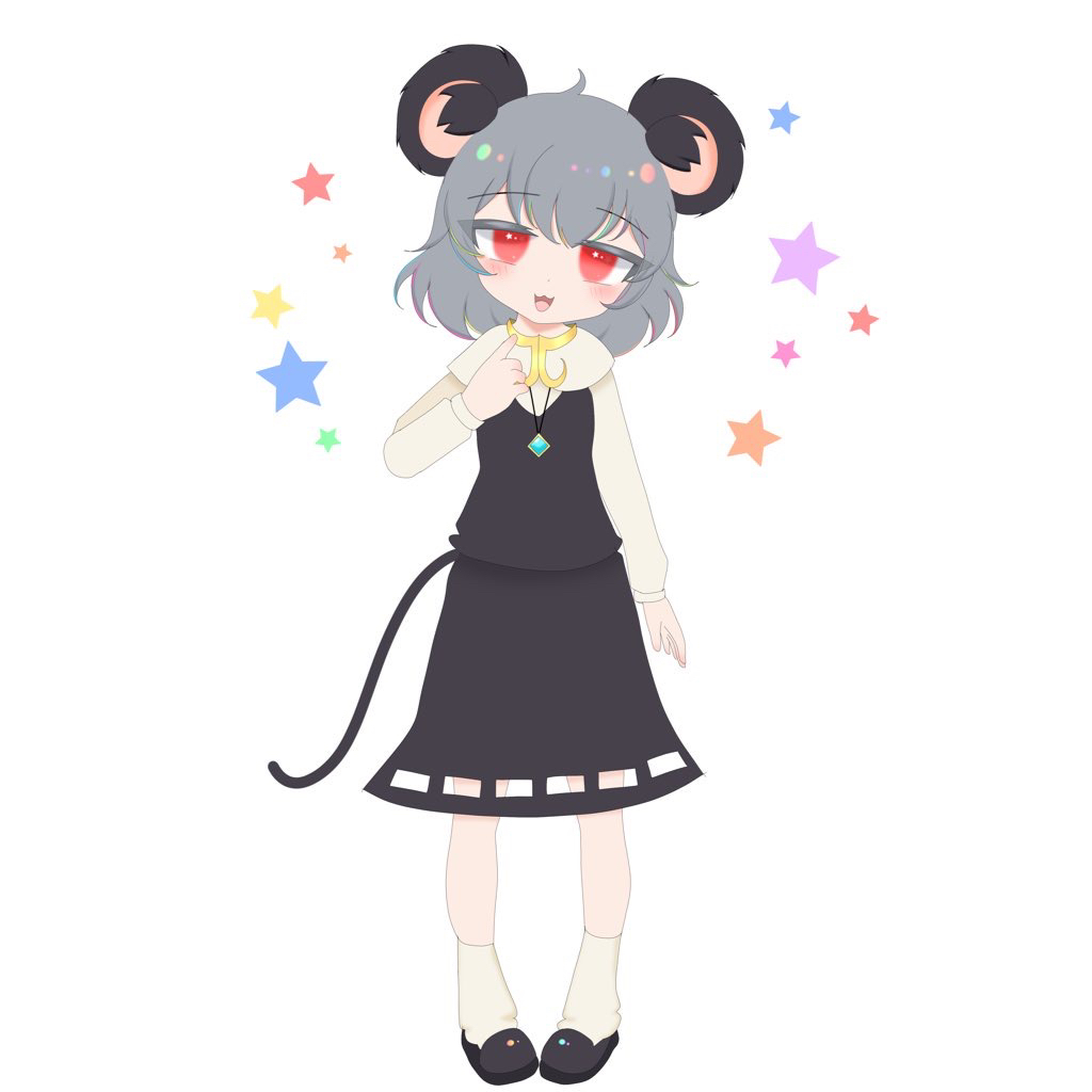 Nazrin from touhou standing in a white void, looking mesmerized and in awe, with stars of various colors floating around her