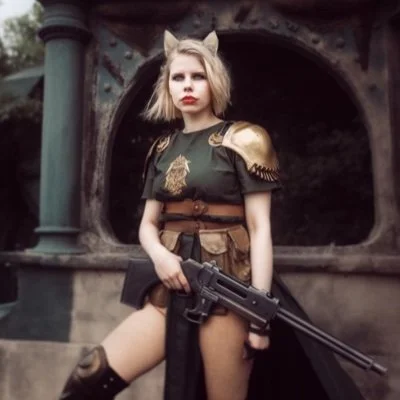 Blond catgirl wearing light armour holding some sort of rifle in front of some rusty metal structure